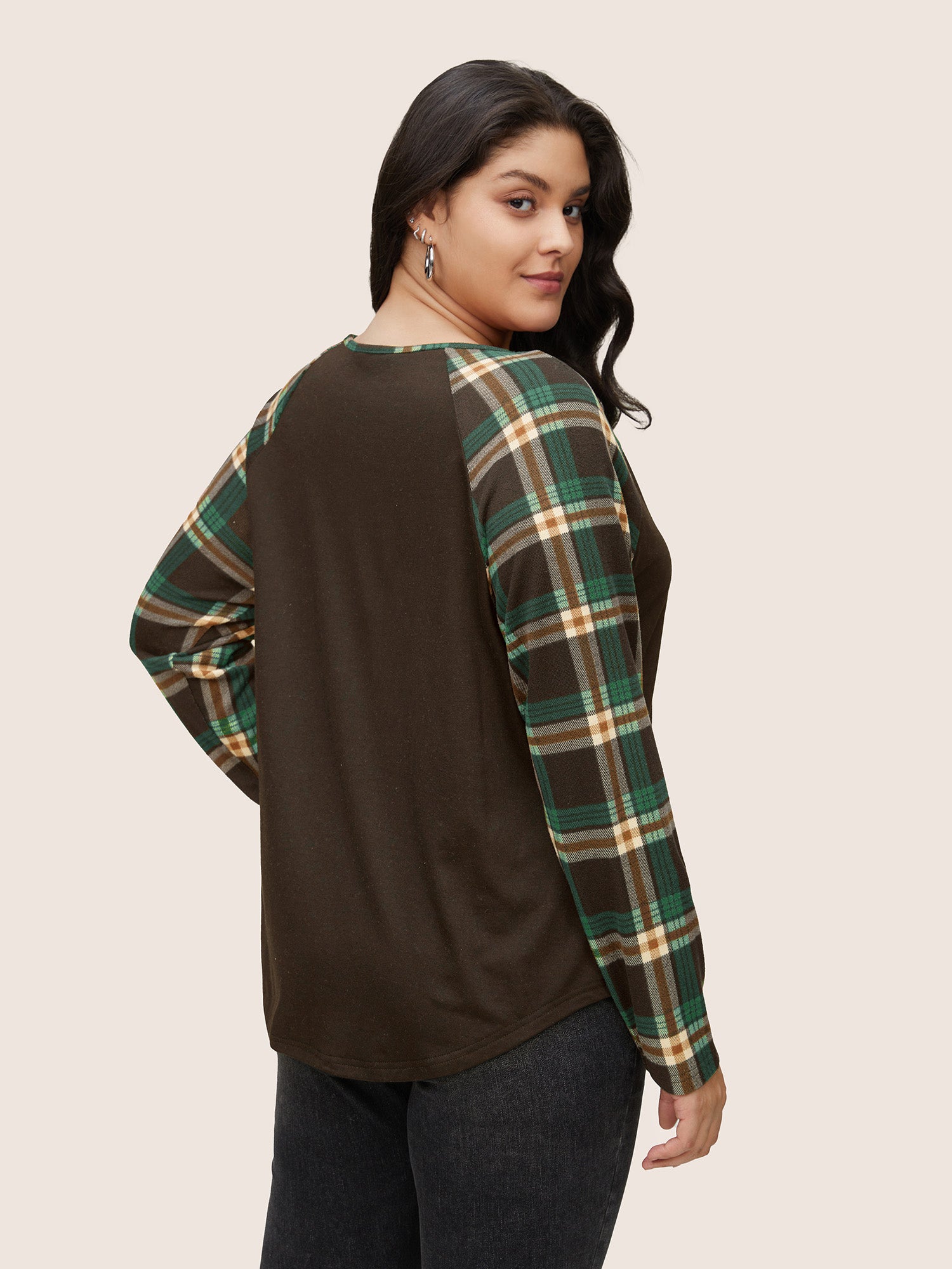 Plaid Patchwork Raglan Sleeve Crisscross T-shirt