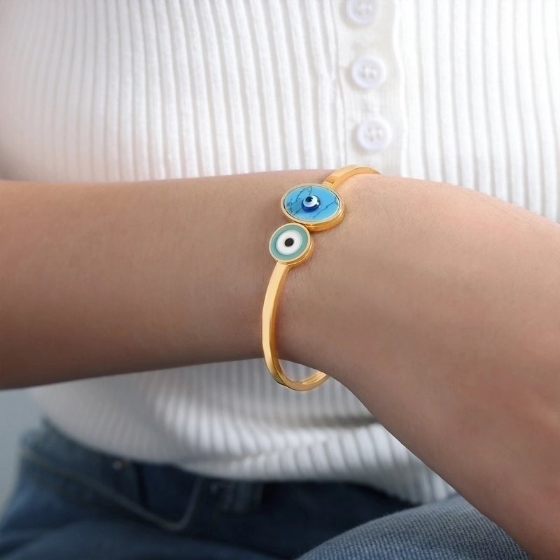 Devil'S Eye Titanium Steel 18K Gold Plated Turquoise Bangle In Bulk