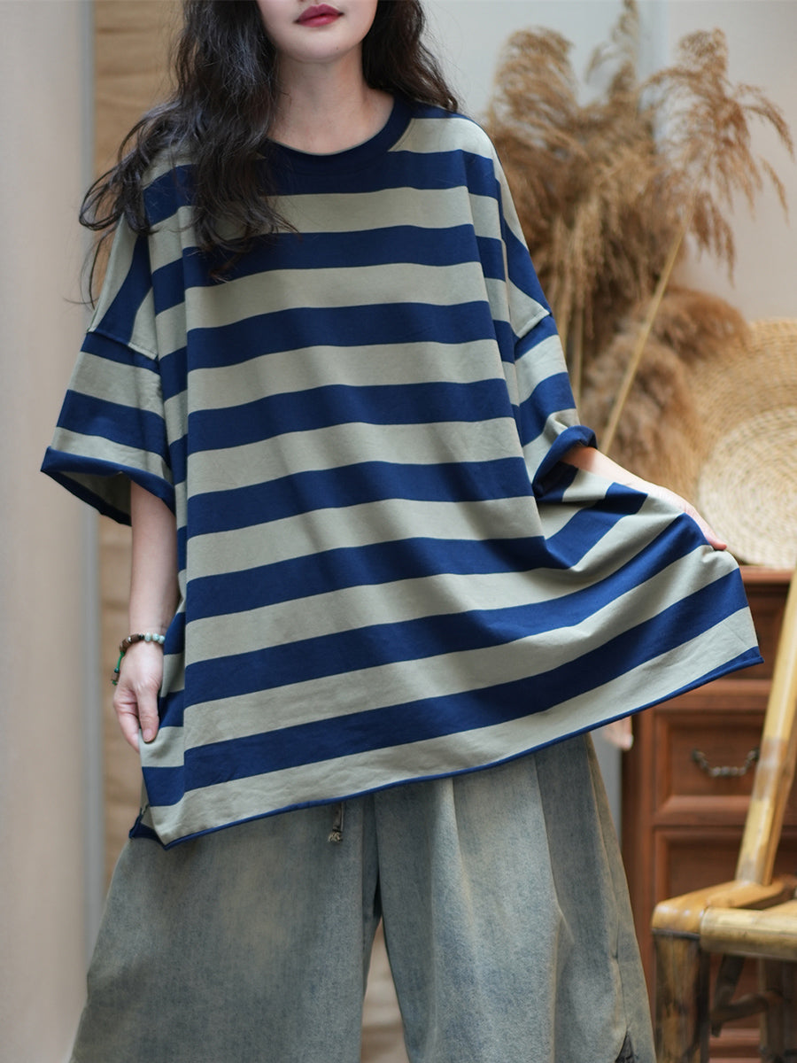 Women Summer Casual Stripe O-Neck Cotton Shirt