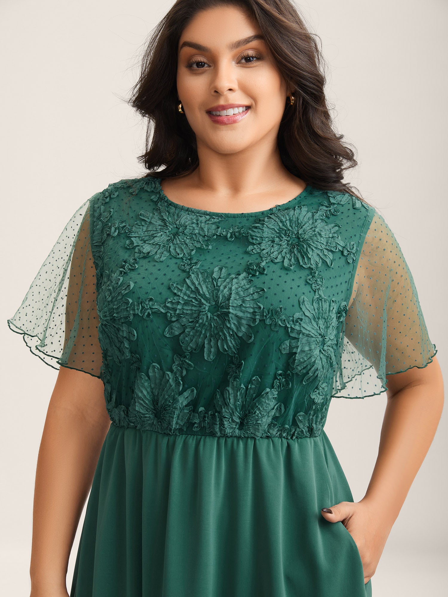 Floral Textured Sheer Pockets Midi Dress