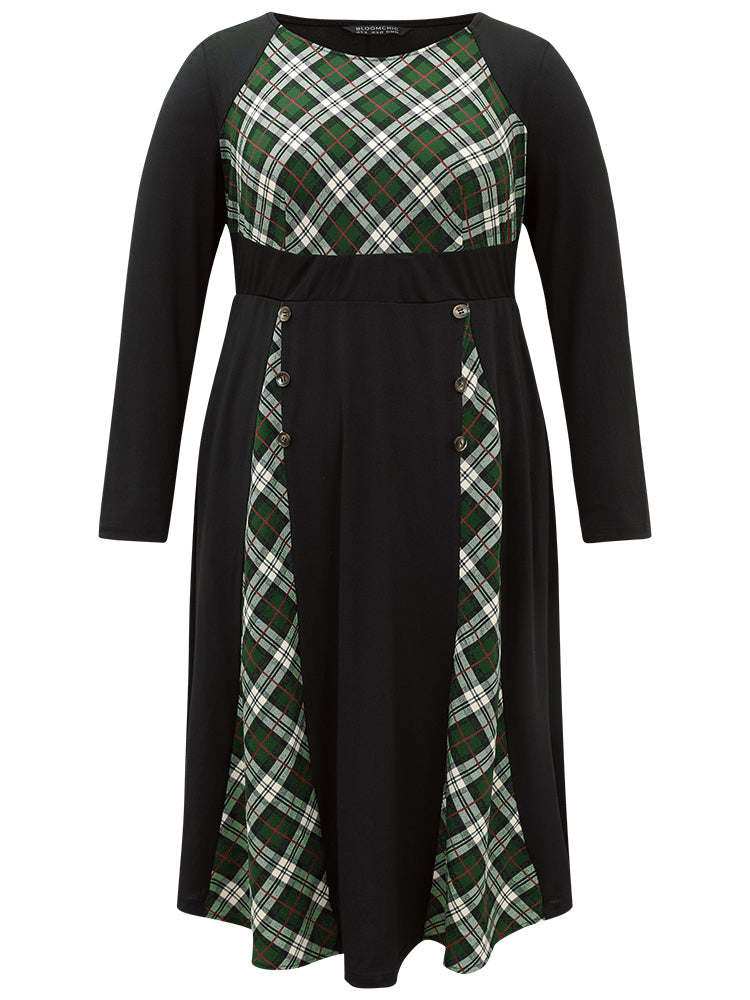 Christmas Plaid Patchwork Button Detail Dress