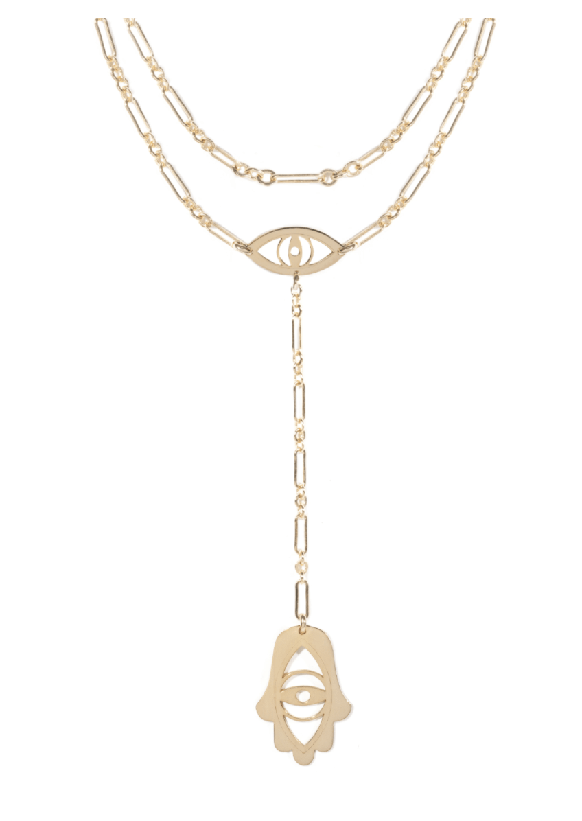 Lia Eye and Hamsa Lariat - Sterling Silver. Gold Plated or Two-Tone