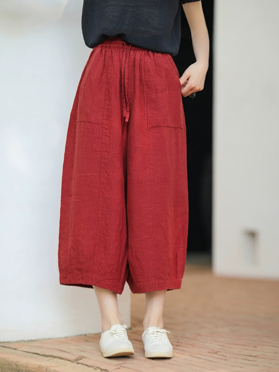 Women Summer Casual Pure Color 100%Linen Bloomers