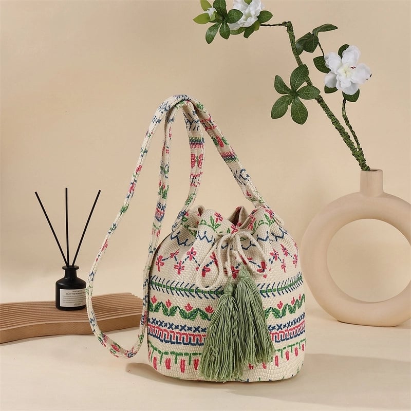 Women's Medium Canvas Geometric Ethnic Style Bucket Open Bucket Bag