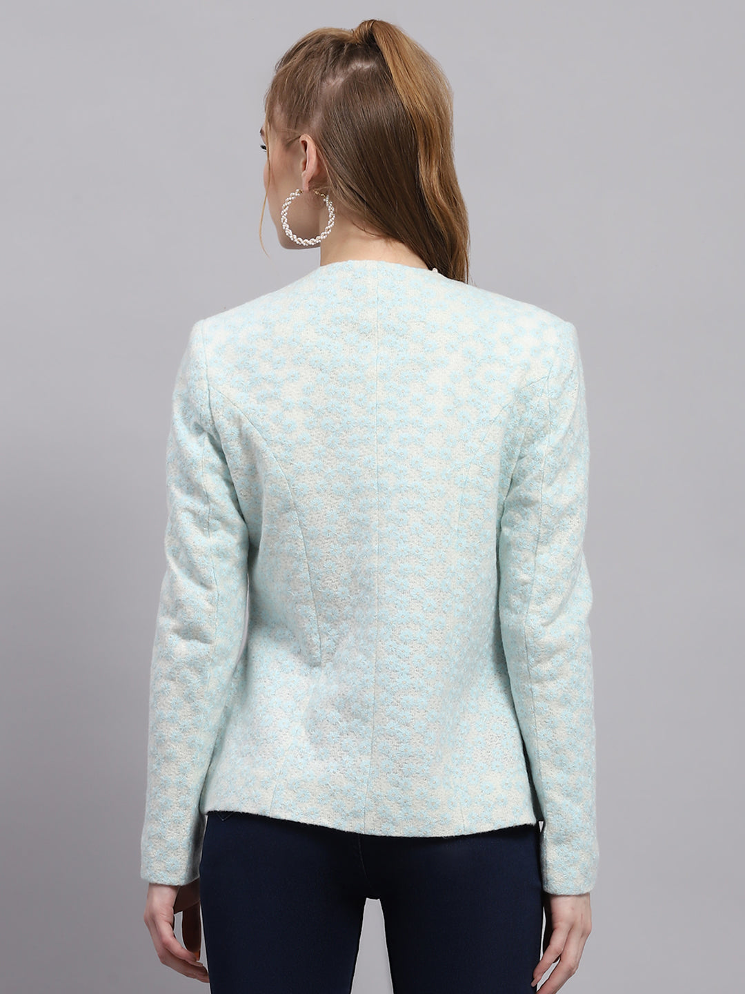 Women Blue Embroidered Round Neck Full Sleeve Coat