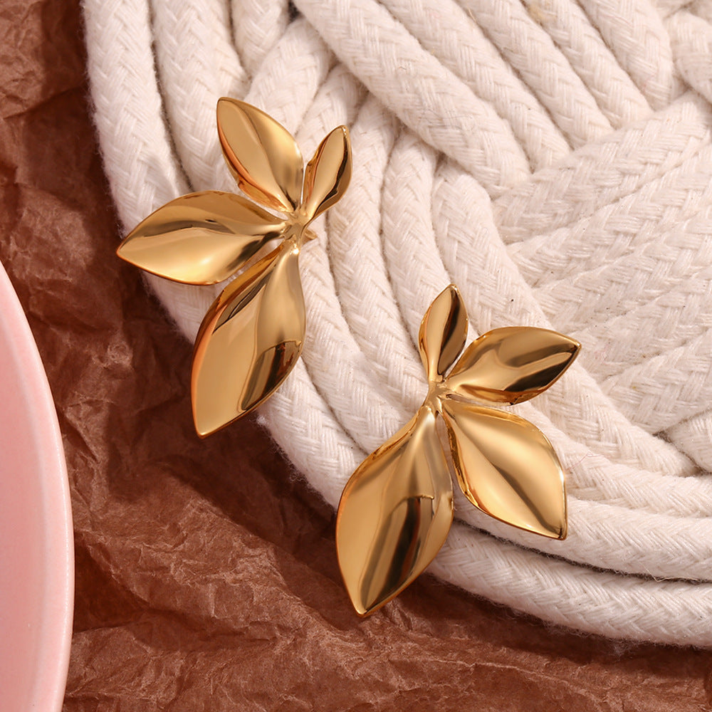 Fashion Leaf Flower Stainless Steel 18K Gold Plated Stud Earrings