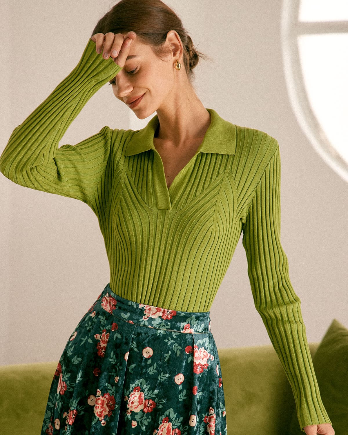 The Green Lapel Ribbed Long Sleeve Knit Top