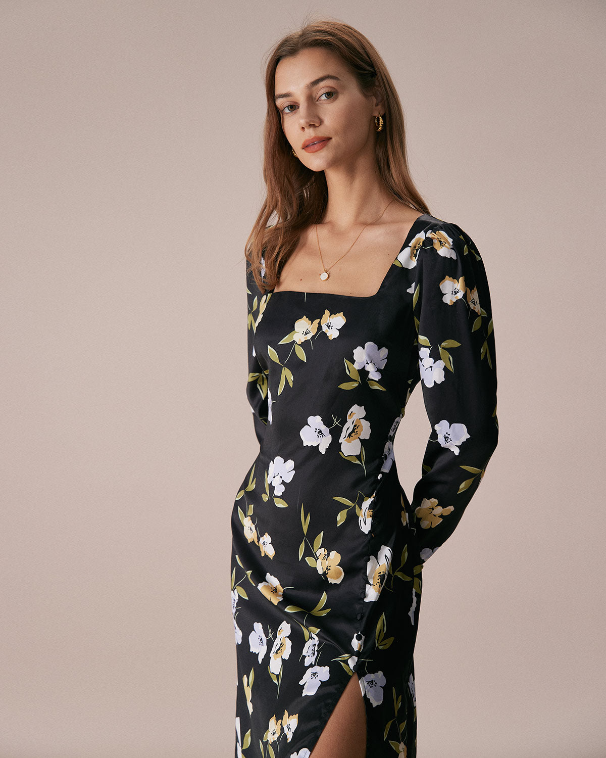 The Black Square Neck Floral Slit Midi Dress