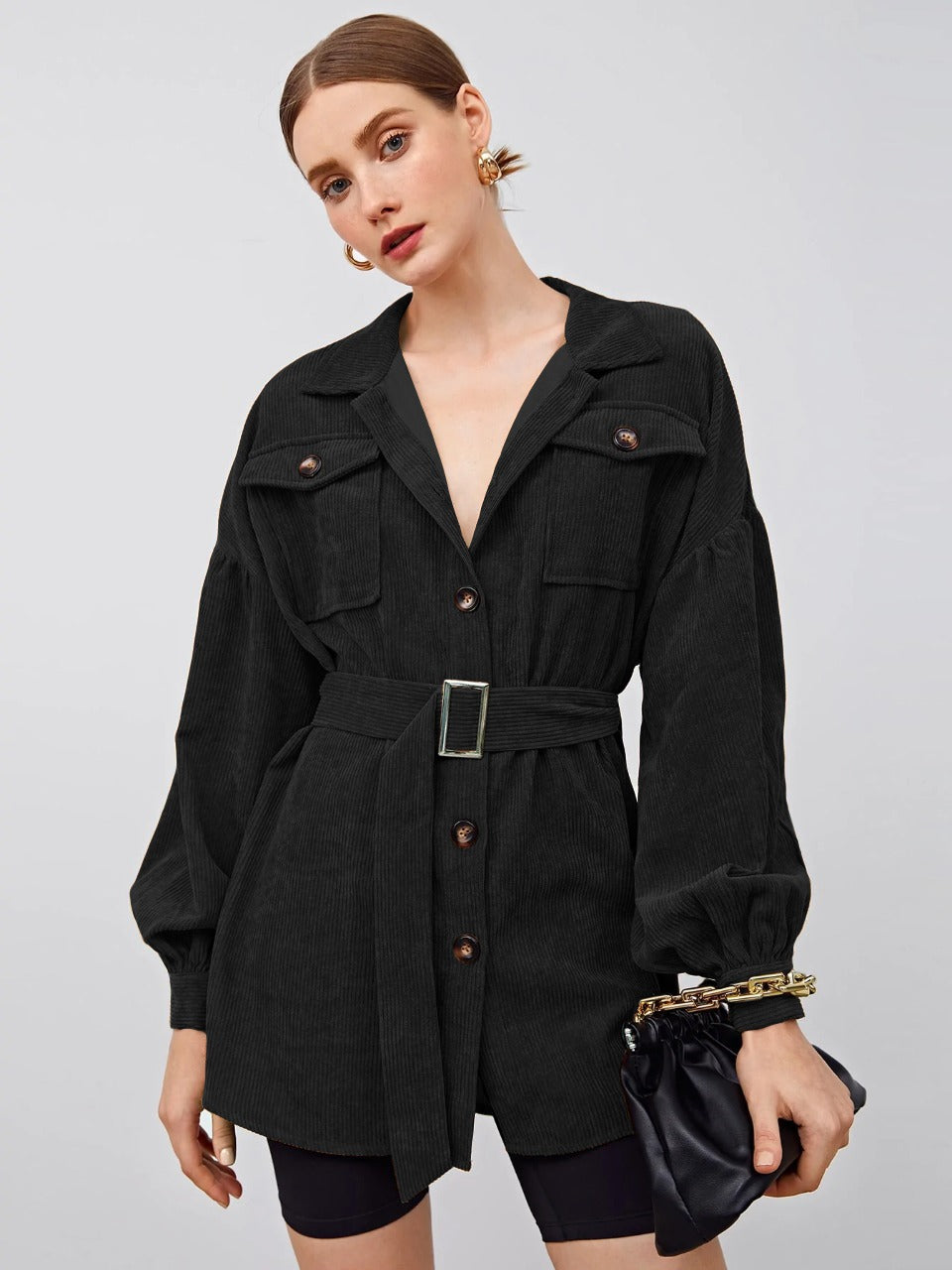 Collared Flap Pocket Front Buckle Belted Cord Coat without belt( CLEARANCE SALE