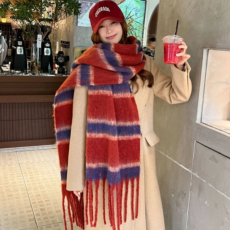 Women's Preppy Style Vacation Sweet Color Block Stripe Mohair Tassel Scarf