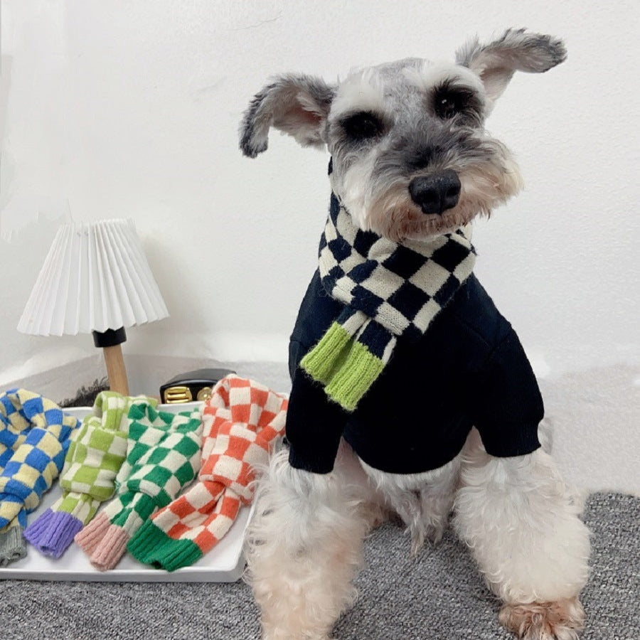Chequer Contrast Color Knitted Dog Cat Scarf
