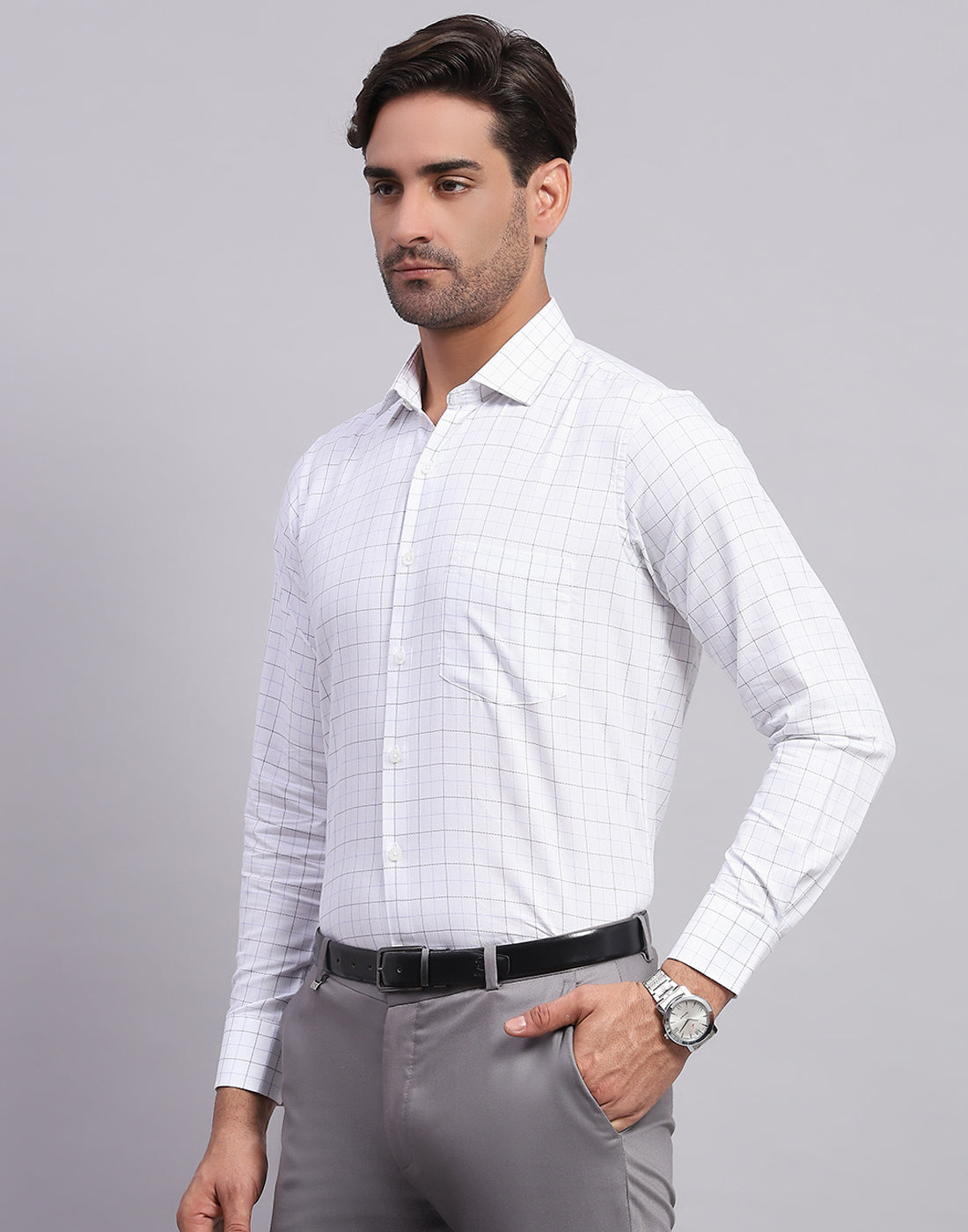 Men White Check Collar Full Sleeve Shirt