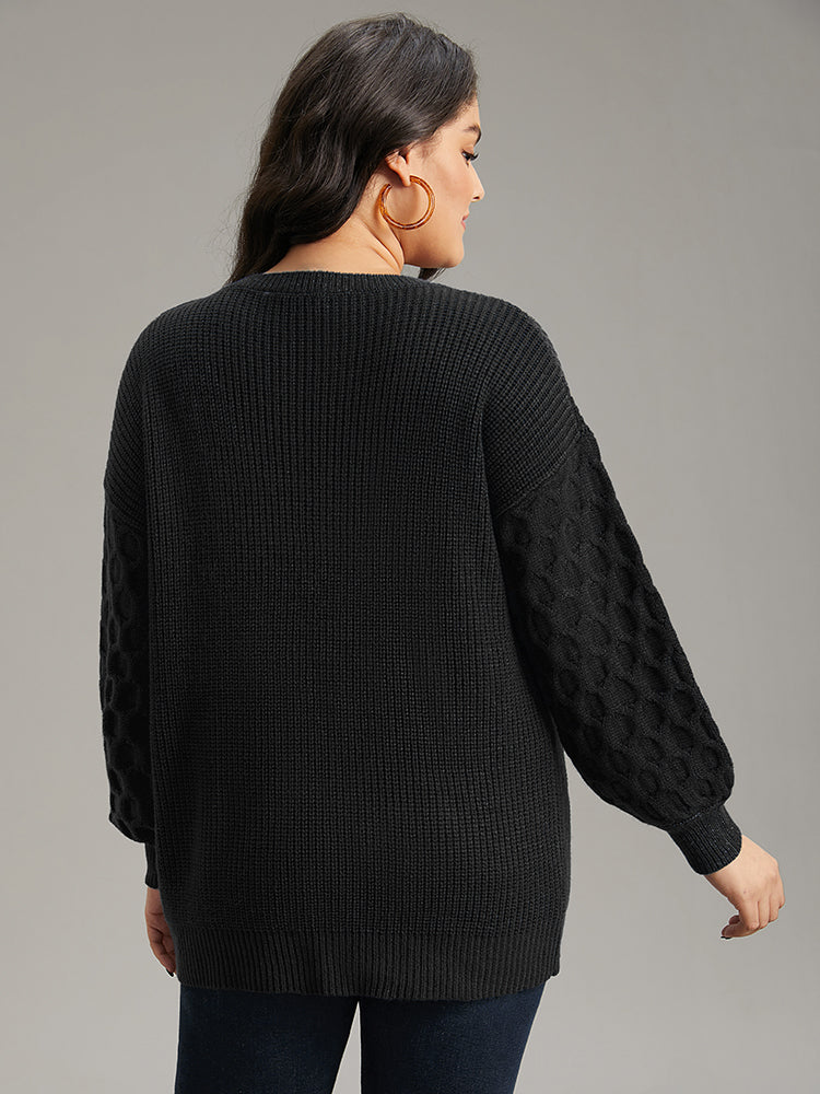 Solid Cable Knit V Neck Drop Shoulder Pullover