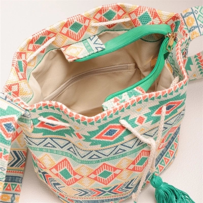 Women's Medium Canvas Geometric Ethnic Style Bucket Open Bucket Bag