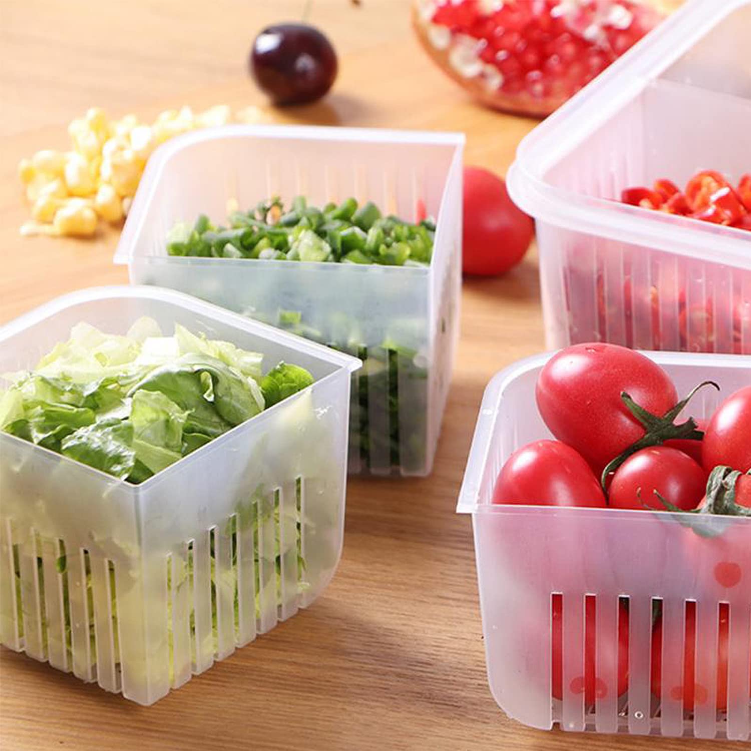 Fridge Food Storage Container With Lid. Airtight Refrigerator Food Box With 4Pcs Detachable Drain Baskets