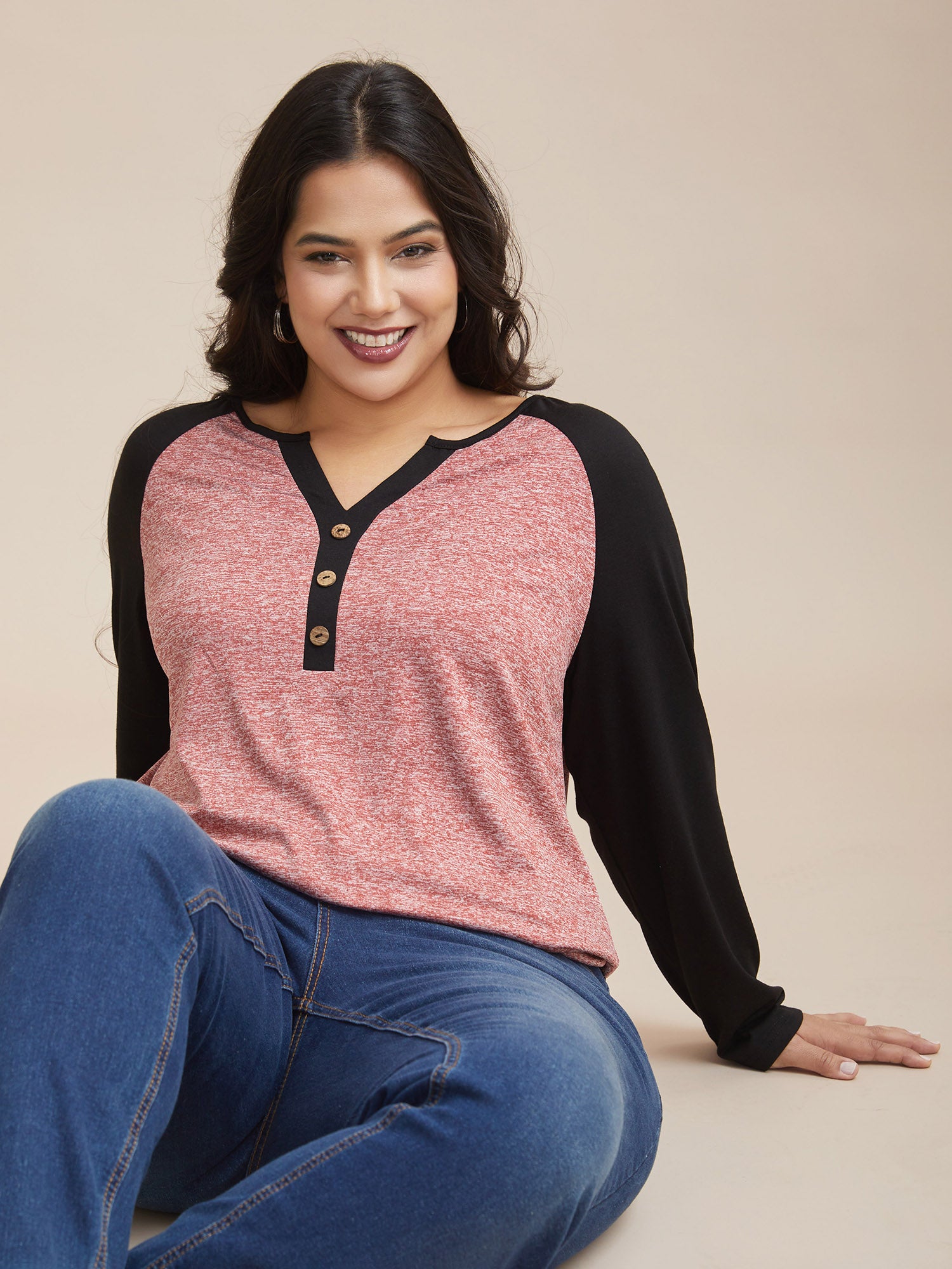Heather Patchwork Button Detail Stretchy T-Shirt