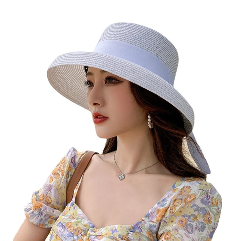 Women's Classic Style Bow Knot Braid Curved Eaves Straw Hat