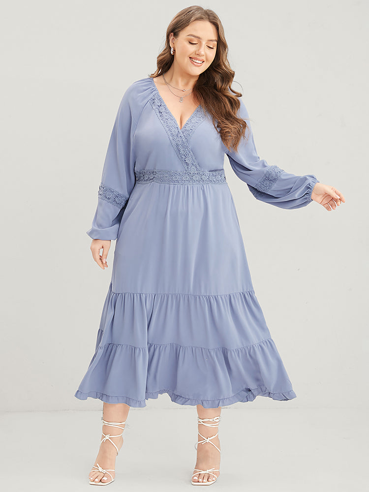 Plain Wrap Pocket Lantern Sleeve Contrast Lace Ruffle Tiered Dress