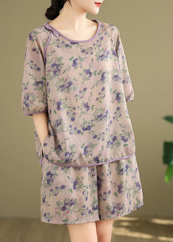 Light Purple Print Shirt And Shorts Two Pieces Set Summer