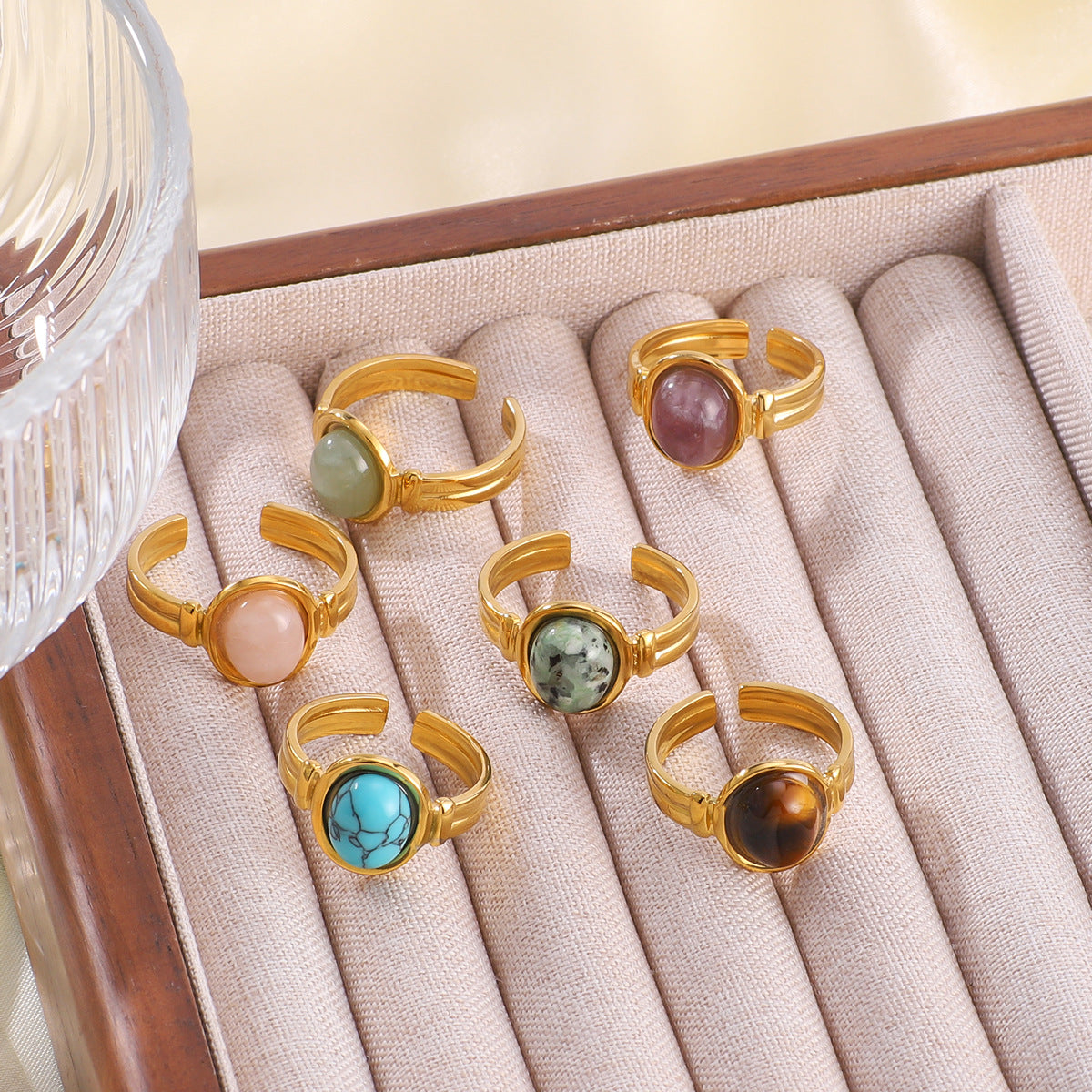 Natural Stone Ring Retro Niche Personality Open Stainless Steel Ring