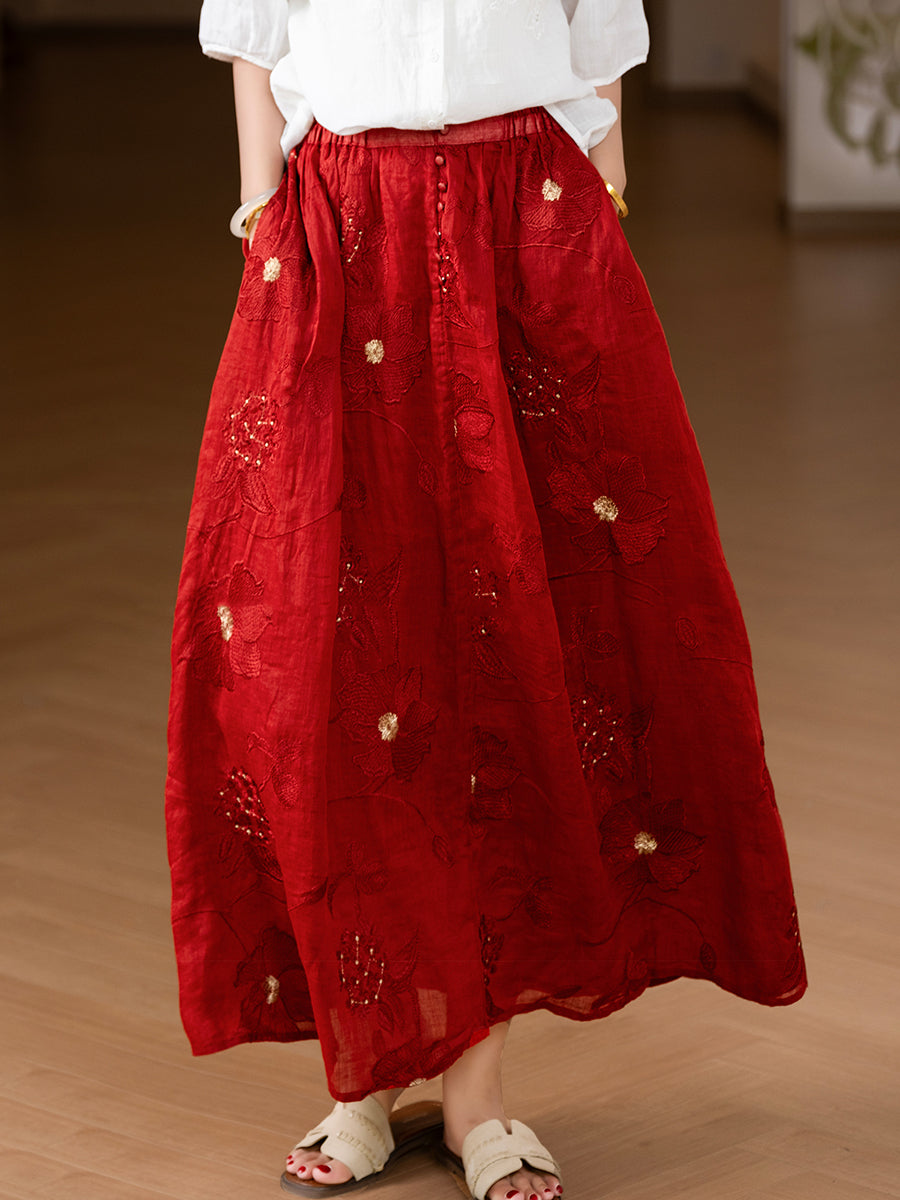 Women Summer Artsy Flower Embroidery 100%Ramie Skirt