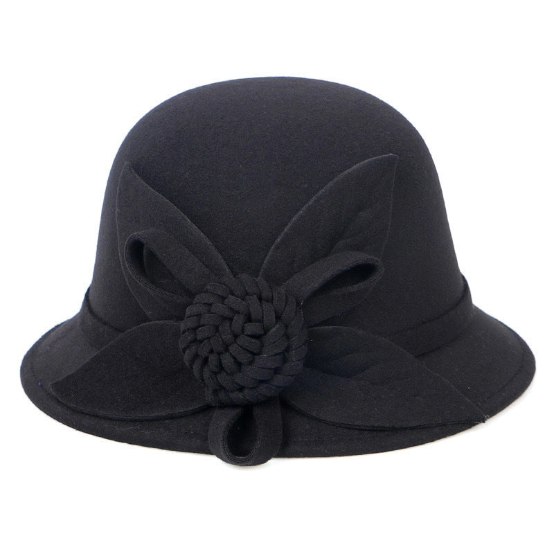 Autumn And Winter Woolen Top Hat Women's Dome Top Hat Solid Color Woolen Hat  Fashion Flower Lady Temperament Basin Hat