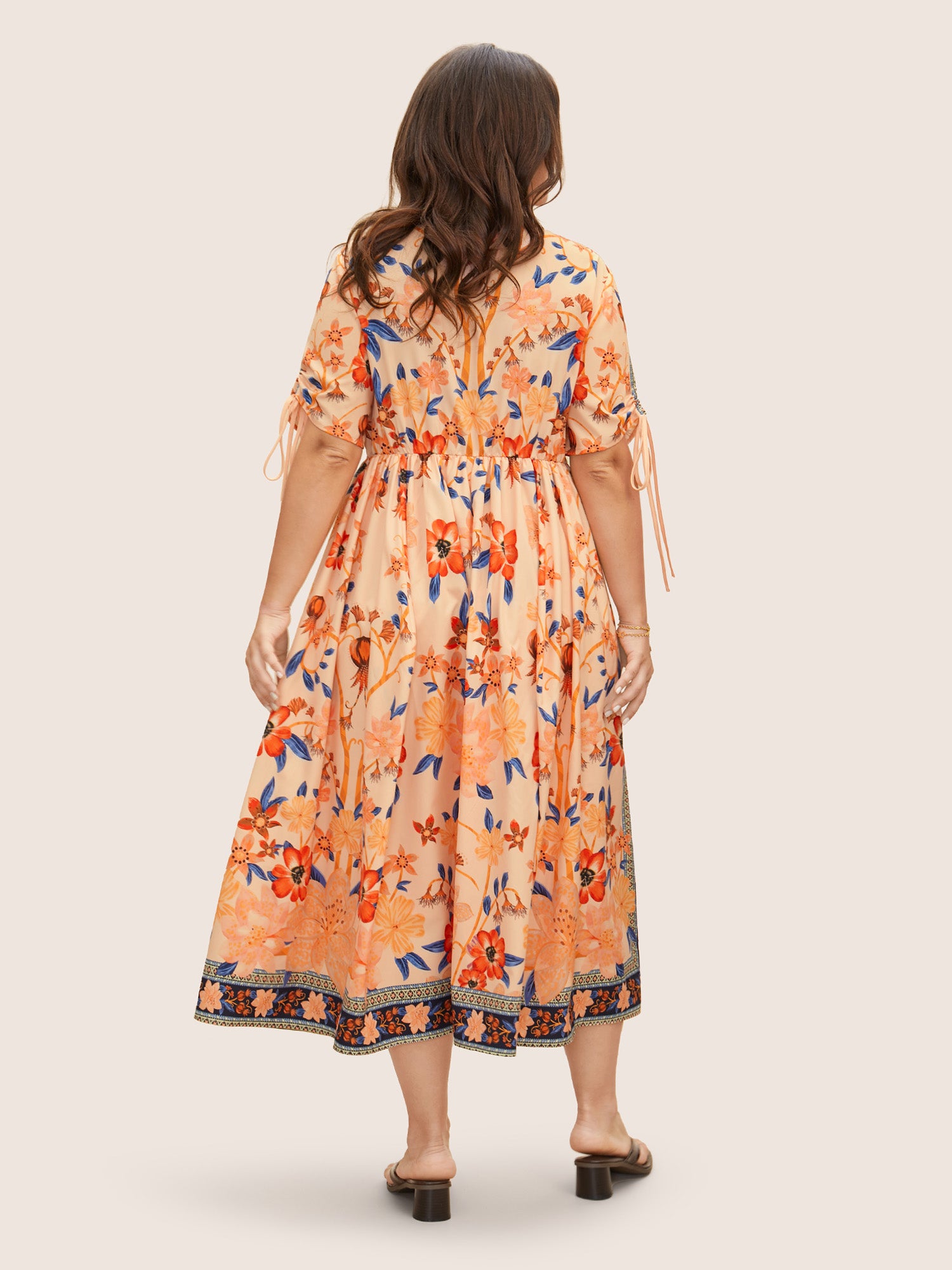 Boho Print V Neck Drawstring Dress