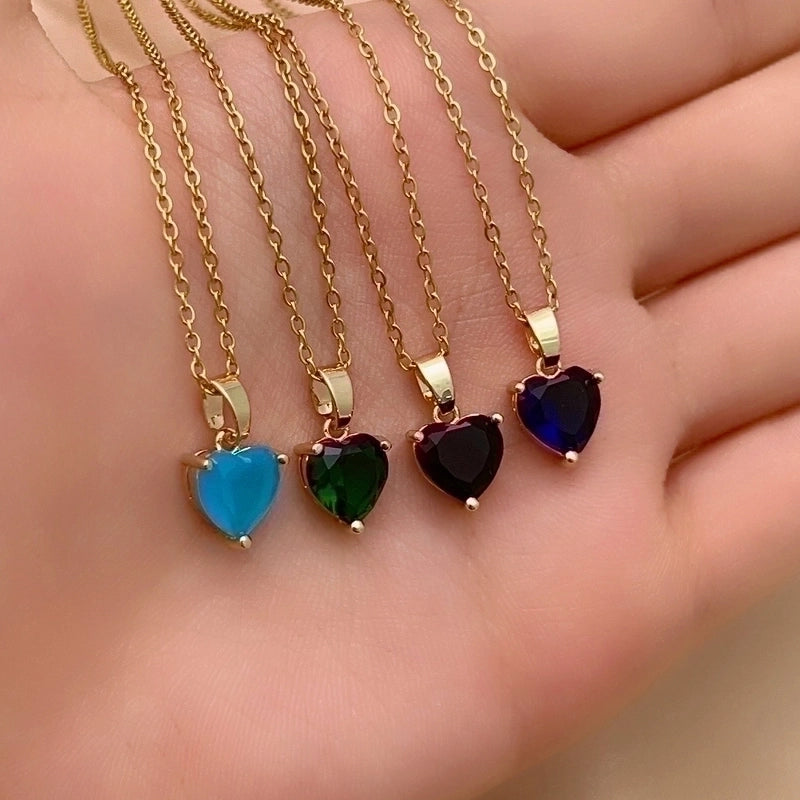2 Pieces Elegant Minimalist Heart Shape 304 Stainless Steel Copper Plating Inlay Gold Plated Zircon Pendant Necklace