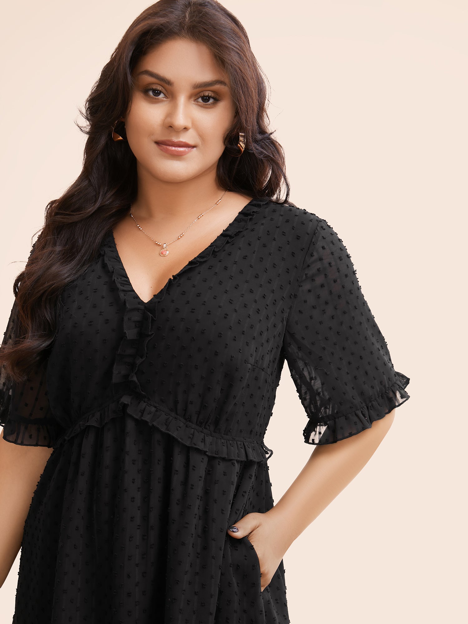 Jacquard V Neck Ruffle Sleeve Dress