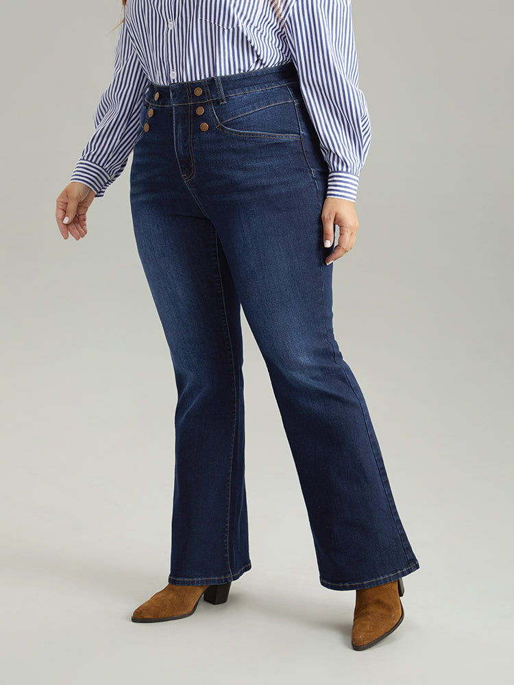 Flare Leg Button Detail High Rise Jeans