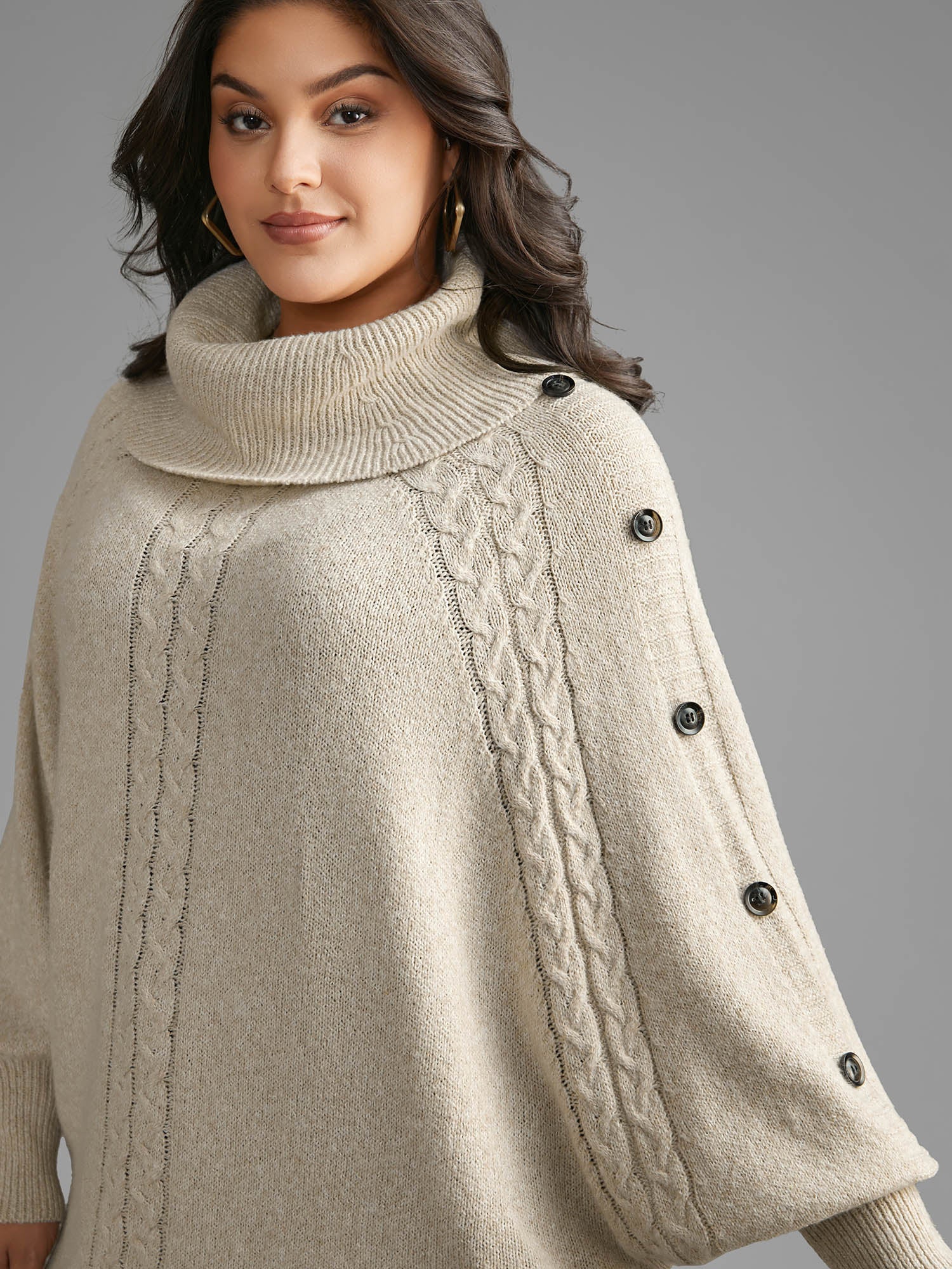 Turtleneck Cable Knit Asymmetrical Hem Pullover