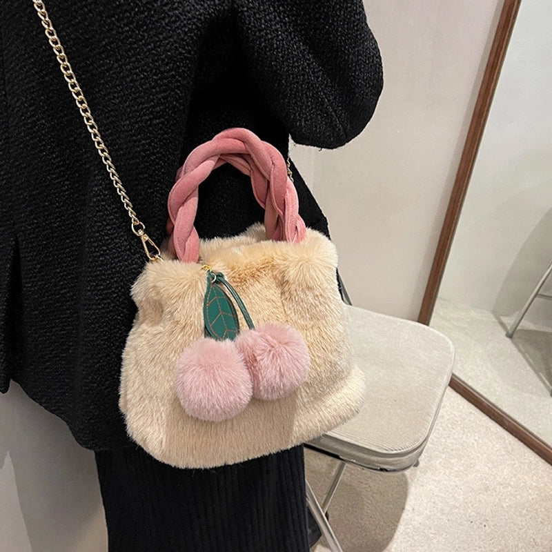 Women's All Seasons Plush Solid Color Elegant Bucket Magnetic Buckle Shoulder Bag Handbag Bucket Bag