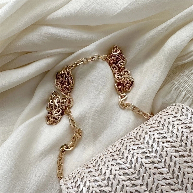 Women's Mini Straw Solid Color Elegant Pearls Lock Clasp Straw Bag