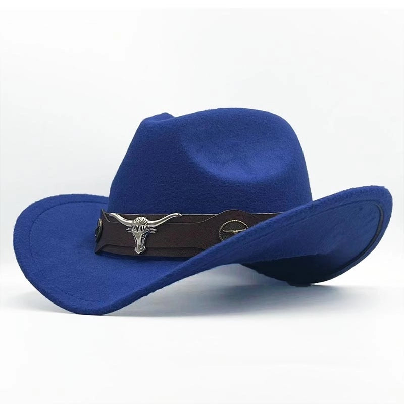 Top Hat Ethnic Style Cow Label Western Cowboy Top Hat Roll-brim Retro Riding Hat Woolen Felt Hat