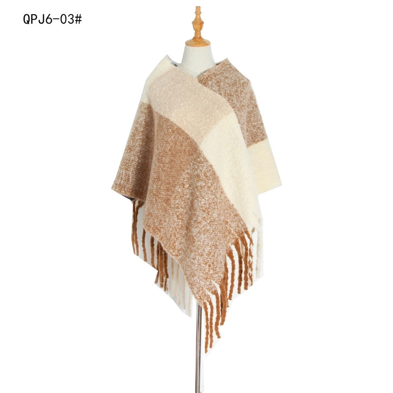 Hot Style New Autumn And Winter Women's Shawl Thick Tassel Loop Yarn Large Plaid Cloak