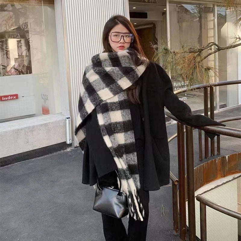 Black And White Plaid Mohair Tassel Scarf Women's Winter New Shawl Lengthened Fashionable Warm Scarf