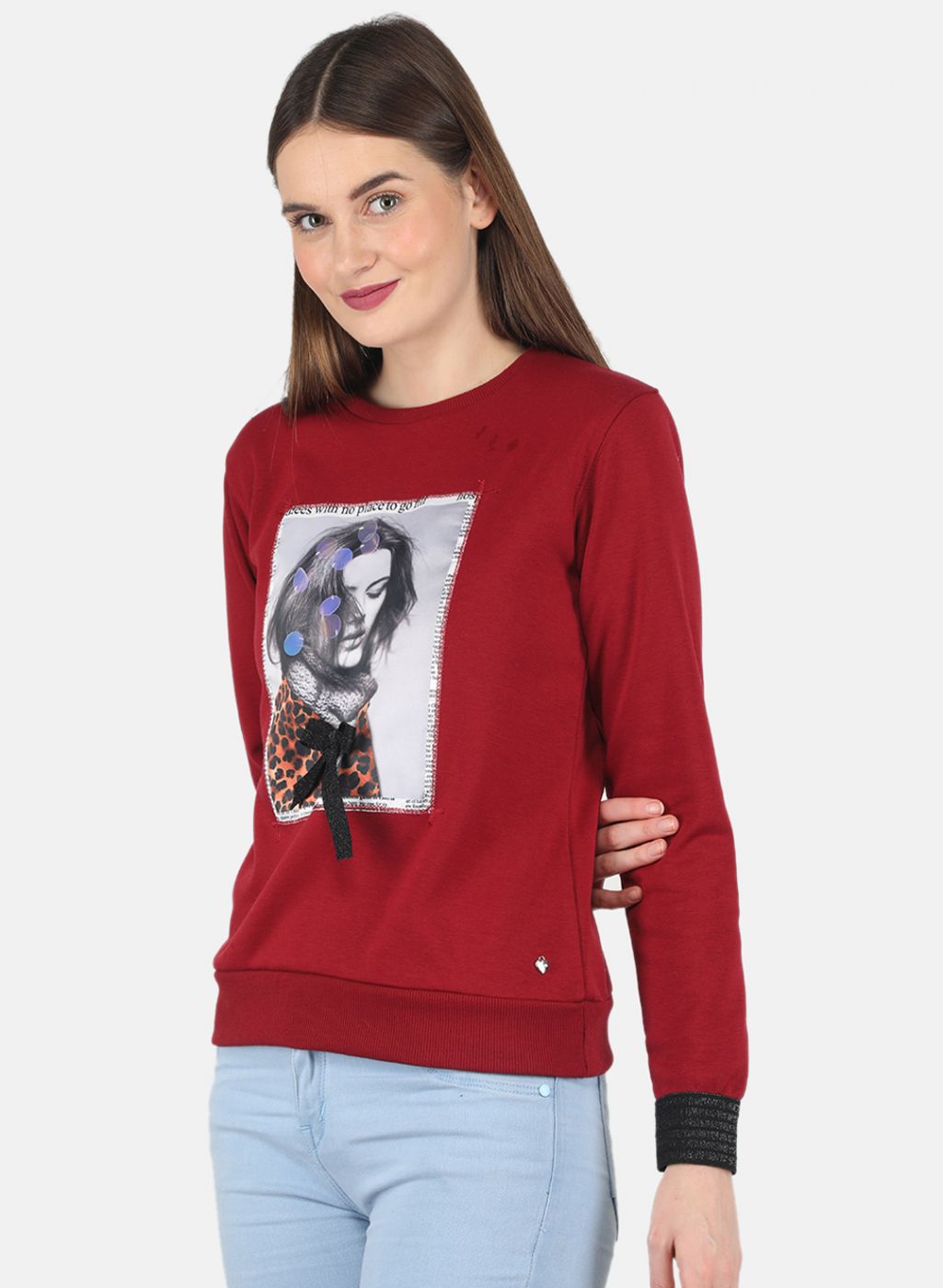 Women Maroon Printed Sweatshirt