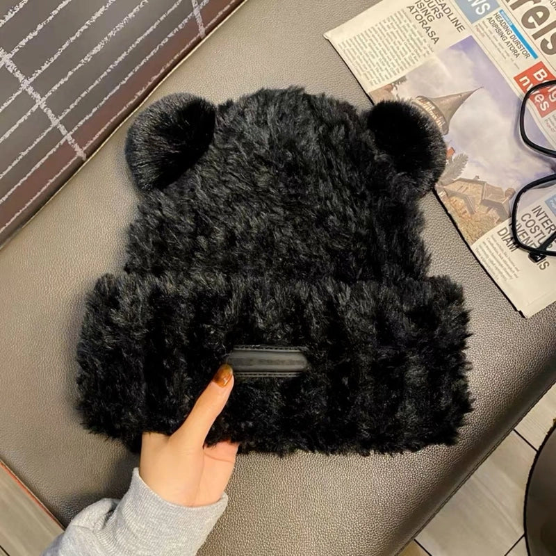 Cute Bear Fluffy Hat Winter New Women's Warm Thickened Ear Protection Hat Big Head Wai Knitted Wool Hat