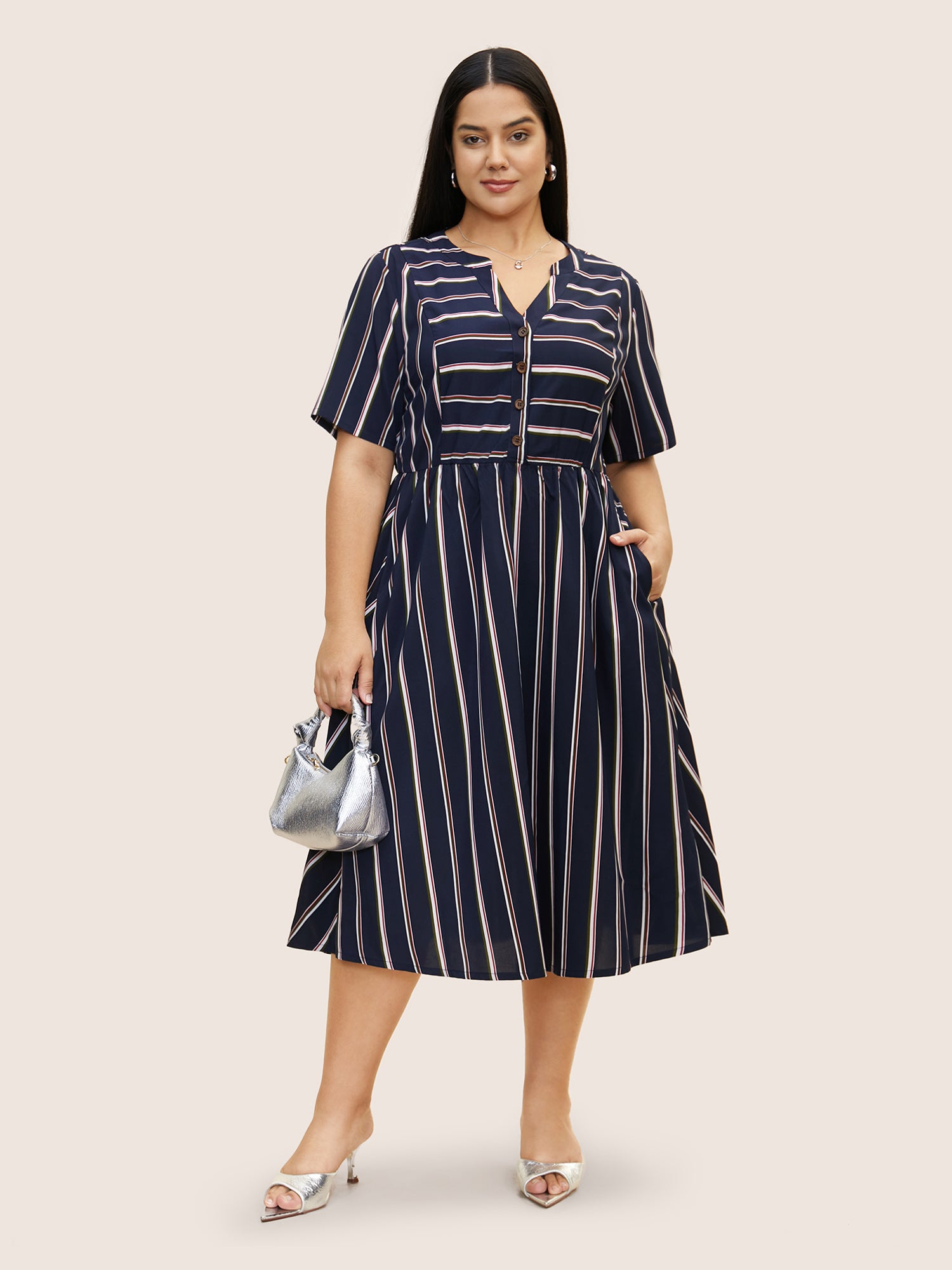 Notched Collar Striped Elastic Waist Midi Dress