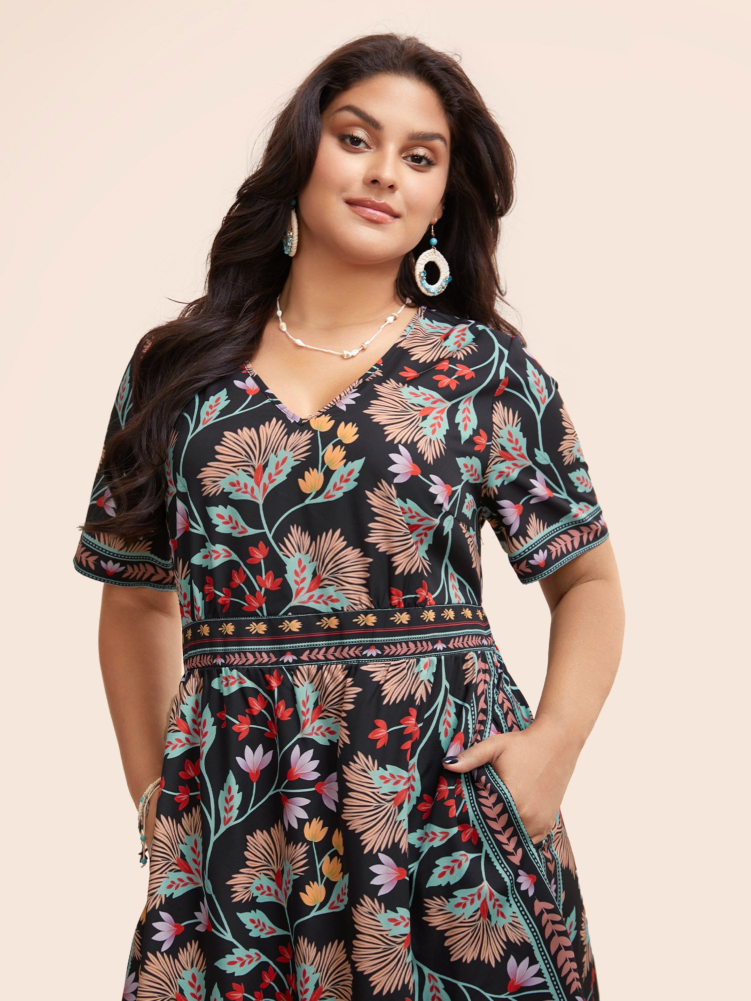 Boho Print Shirred Pocket Midi Dress