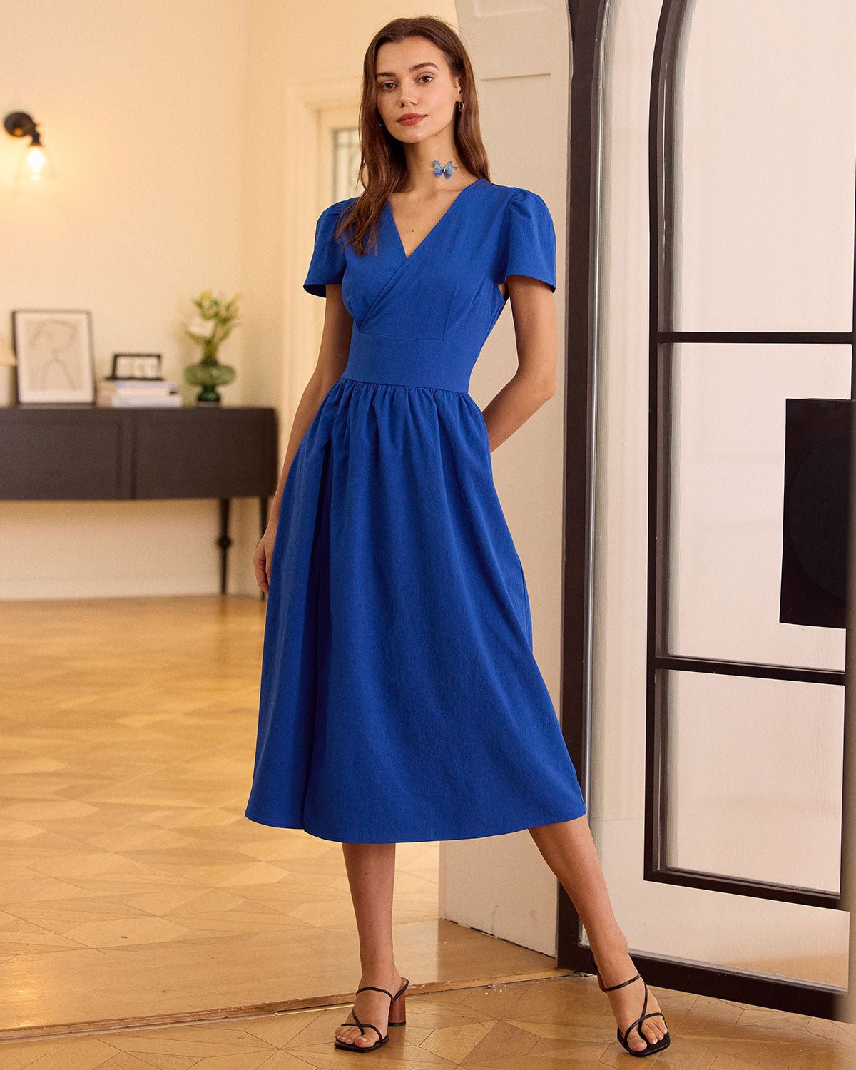 The Navy V Neck Wrap Midi Dress