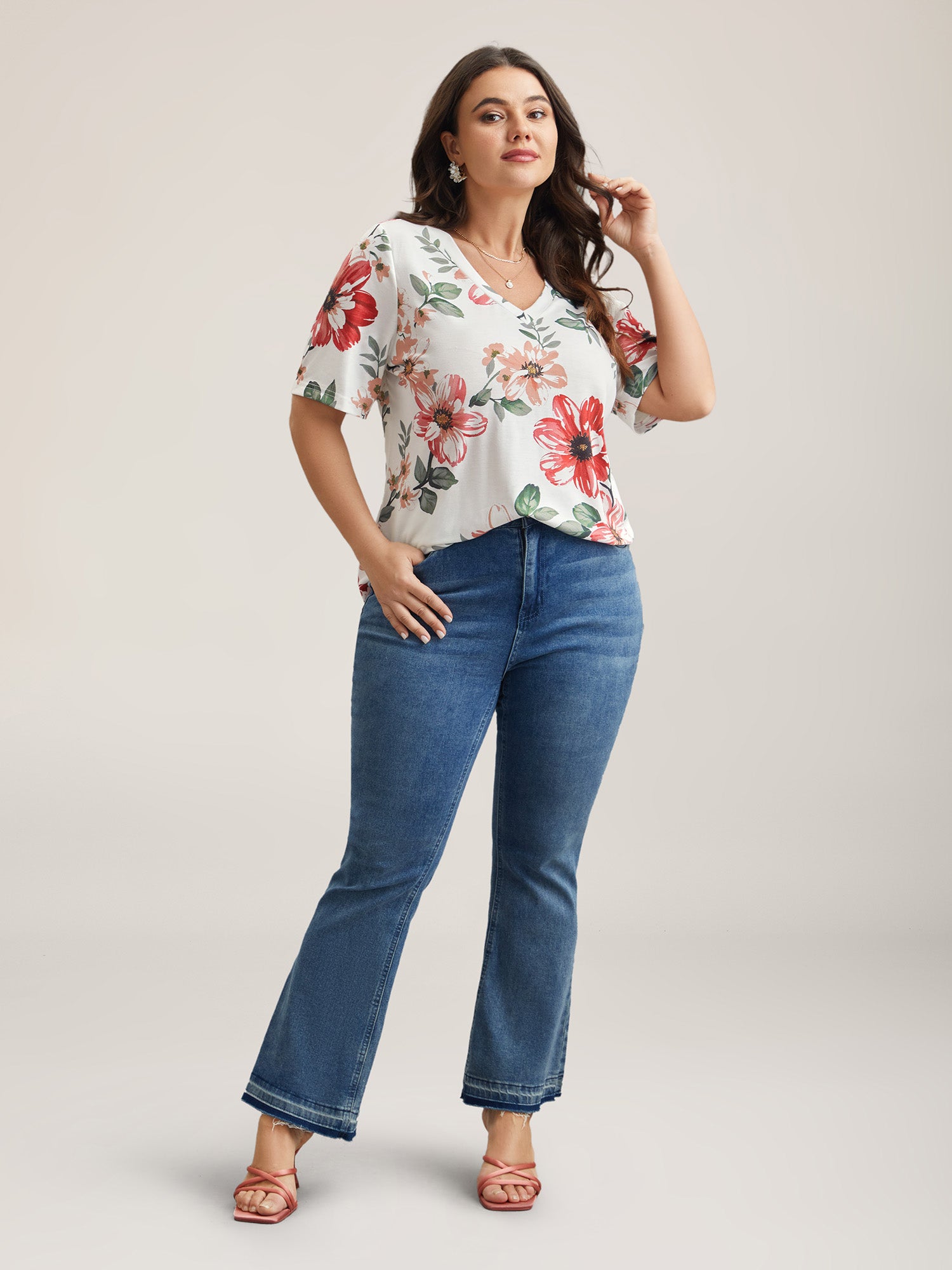 Multi-Color Floral Print V-Neck T-Shirt