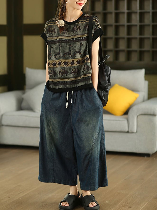 Women Summer Vintage Elephant Giraffe O-Neck Shirt