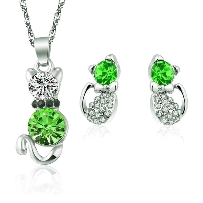 Simple Cat Alloy Crystal Ear Stud Necklace Set