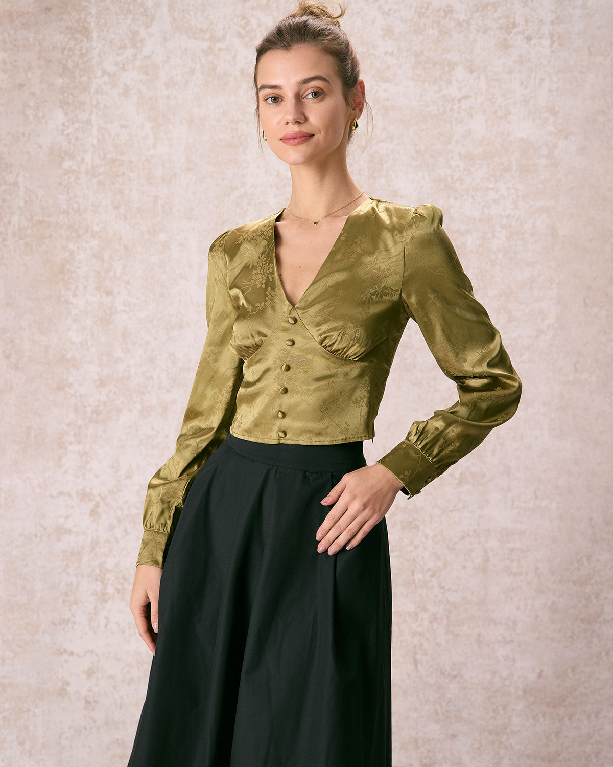 The Green V Neck Jacquard Satin Blouse