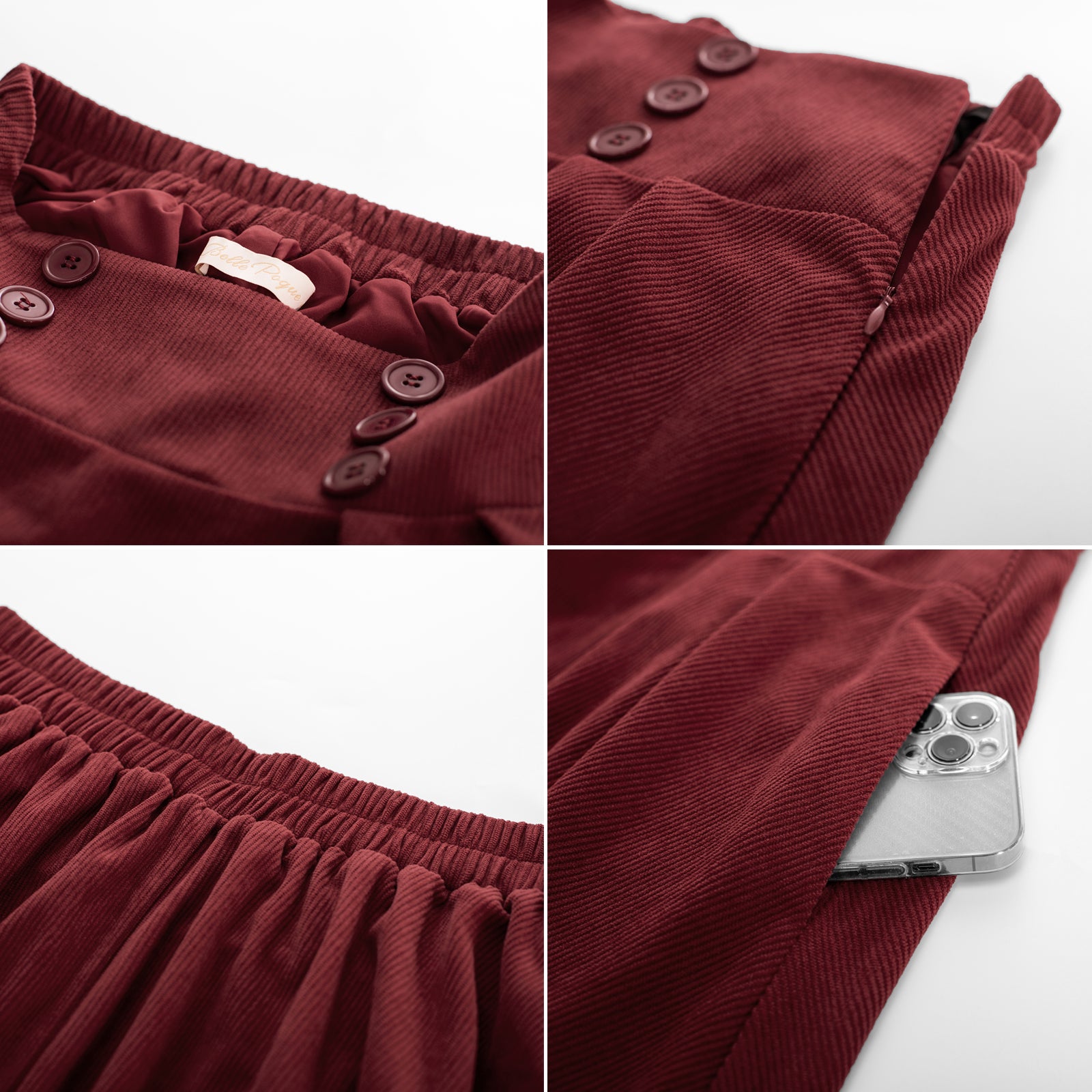 Vintage Corduroy Skirt Elastic High Waist Buttons Decorated Swing Skirt with Pockets