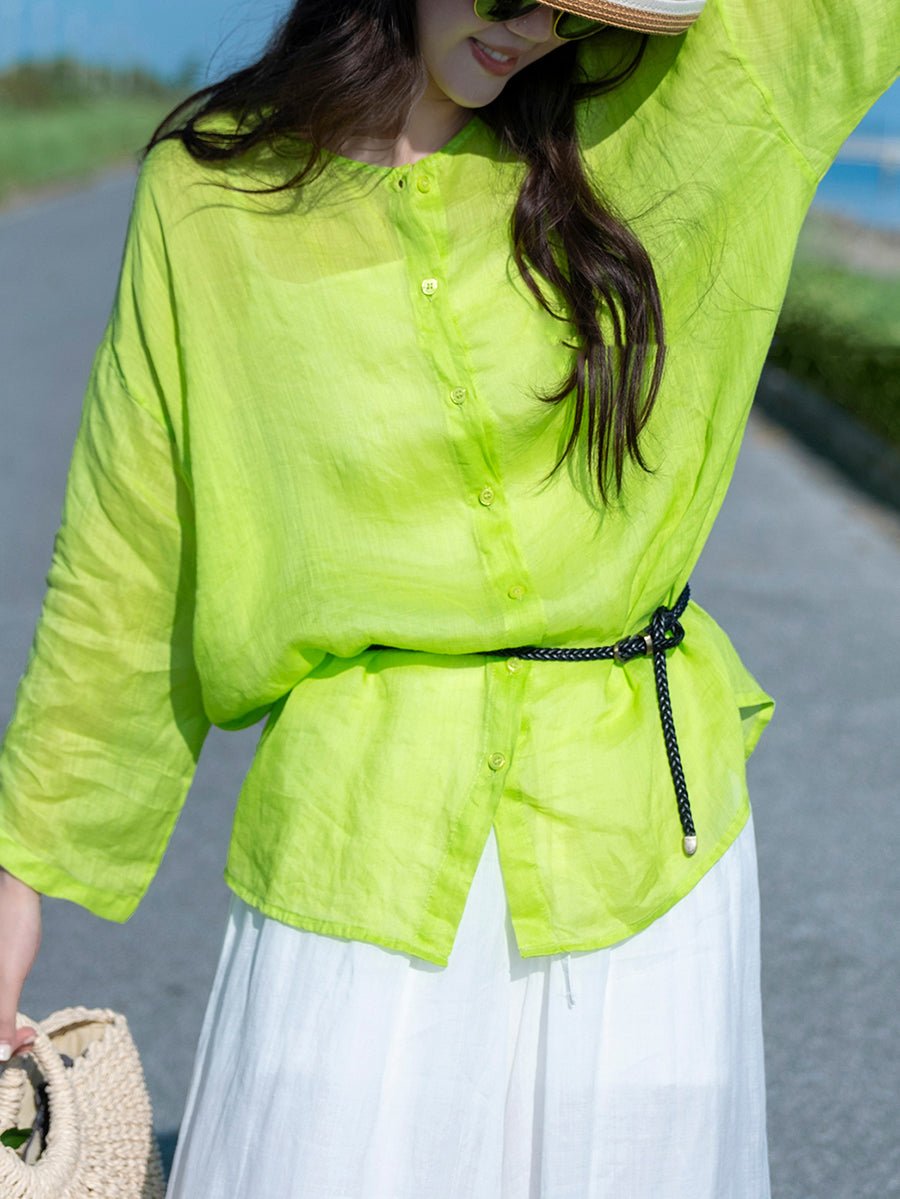 Women Summer Vintage Pure Color O-Neck 100%Ramie Shirt