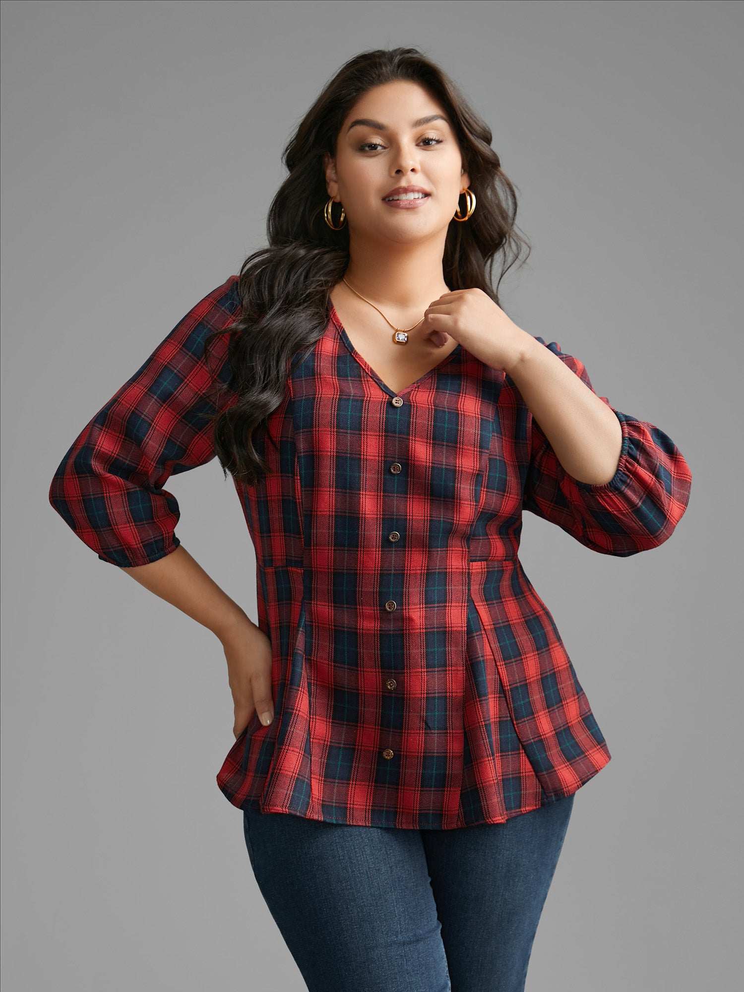 Plaid Button Detail Lantern Sleeve Blouse