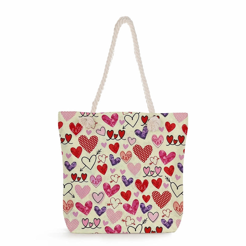 Women's Cotton And Linen Heart Shape Classic Style Square Zipper Tote Bag