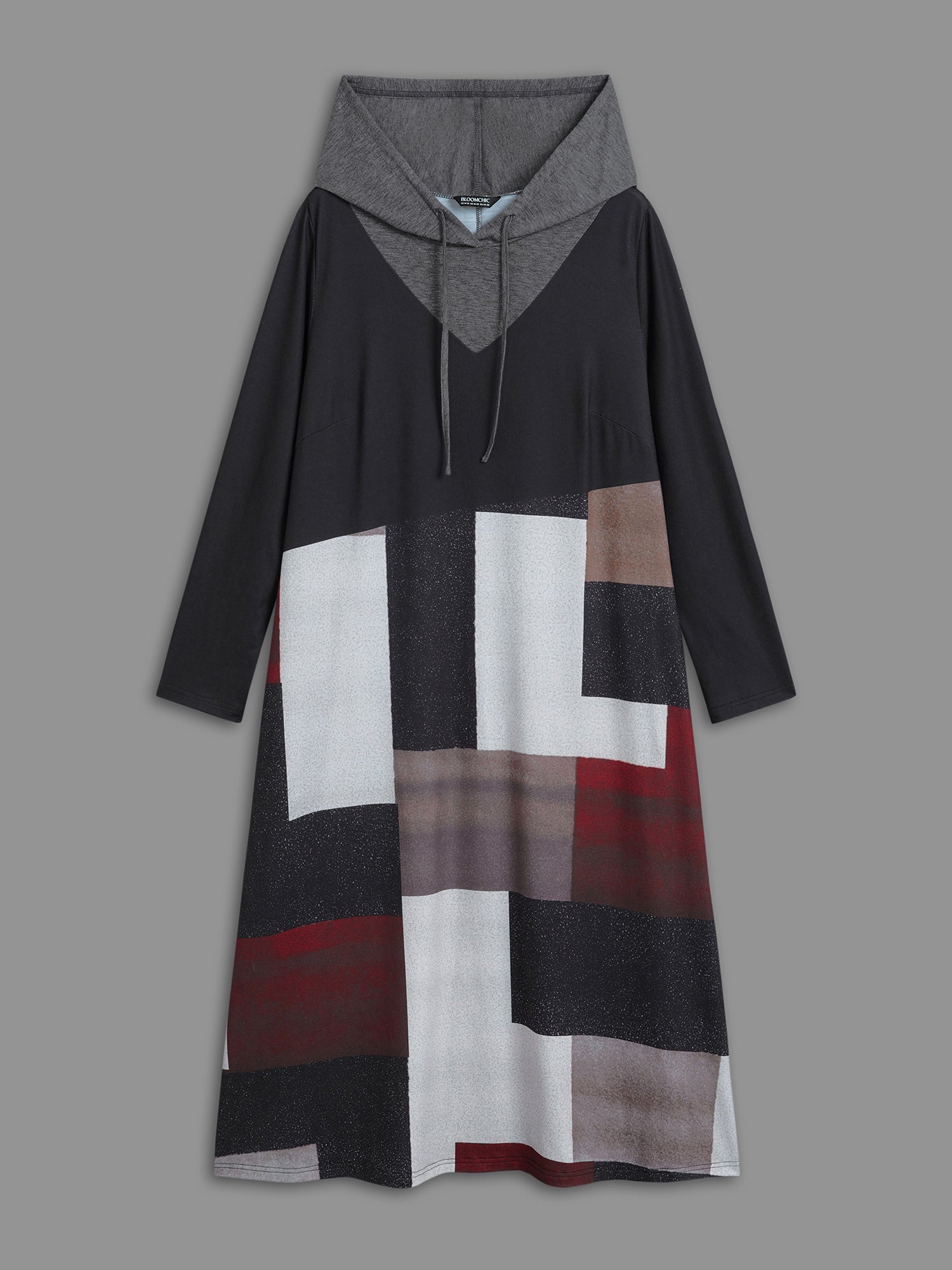 Geo Print Hooded Drawstring Pockets Dress